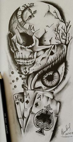 a drawing of a skull with playing cards in it's mouth and an eye