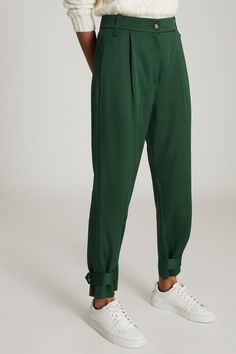 The Duke trousers in green are your new smart-casual style. They are cut to sit high on the waist while the leg tapers to finish at the ankle. Style yours with a casual T-shirt, blazer and heeled sandals. Machine washable. 67% Viscose, 33% Polyester. Style Moodboard, Smart Casual Style, Smart Casual Outfit, Tapered Trousers, Green Outfit, Minimal Style, Casual T Shirt, Office Outfits, Heeled Sandals