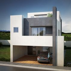 two cars are parked in front of a modern house with an open garage door and windows