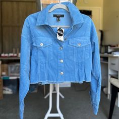 Nwt Size Medium Never Been Worn! Make Me An Offer! Blue Cotton Cropped Winter Jacket, Blue Cotton Cropped Jacket For Winter, Blue Cotton Cropped Jacket For Fall, Blue Corduroy, Cropped Jacket, Make Me An Offer, Crop Jacket, Forever 21, Color Blue