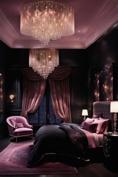 a bedroom decorated in black and pink with chandelier