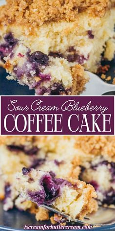 A slice of moist sour cream blueberry coffee cake with a golden crumb topping is shown close-up. Juicy blueberries are swirled throughout the soft, buttery cake. A fork lifts a bite, highlighting the tender texture and rich blueberry flavor. The text overlay reads "Sour Cream Blueberry Coffee Cake," making it an inviting treat for breakfast or dessert. Blueberry Cream Cheese Coffee Cake, Desserts Blueberry, Cheese Coffee Cake, Cream Cheese Coffee Cake, Coffee Cake Recipes Easy, Best Blueberry Muffins, Blueberry Coffee Cake, Blueberry Coffee, Cake Coffee