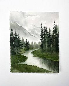 a watercolor painting of a stream in the woods with mountains and trees behind it