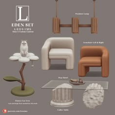 an assortment of furniture and accessories are shown in this graphic style, including a cat sitting on a cloud like table