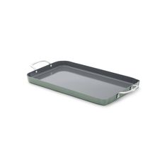 an empty rectangular tray with handles on the bottom, and a handle to hold it