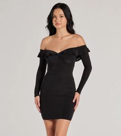 Make a charming impression for an enchanted date night with a long-sleeved mini-dress! The dress features an off-the-shoulder neckline with a sweetheart bust, a tiered ruffled trim at the bust, and a mini-length bodycon silhouette. Complete with rhinestone heels.Fit & FeaturesSmooth knit fabric with knit lining, plenty of stretchOff-the-shoulder neckline, sweetheart bustTiered ruffled trim at bustLong fitted sleevesMini-length hemBodycon silhouetteRuns true to size Ruffled Mini Dress, Rhinestone Heels, Fitted Sleeves, Dressy Dresses, Mini Dress Black, Ruffle Mini Dress, Hoco Dresses, Black Xs, Long Sleeve Mini Dress