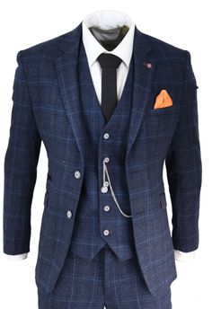 Mens 3 Piece Suit Navy Blue Check Tweed 1920s Peaky Blinders | Etsy Navy 3 Piece Suit, 3 Piece Suit Men, Mens 3 Piece Suits, Double Breasted Waistcoat, Check Suit, Navy Suit, Classic Suit, Pinstripe Suit, Checked Blazer