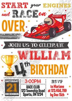 a race car birthday party flyer