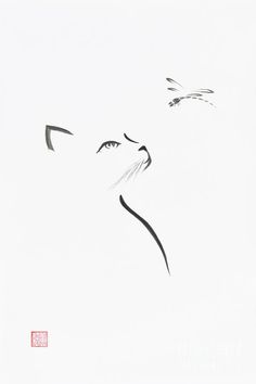 a black and white drawing of a cat's face with its eyes closed, looking upward