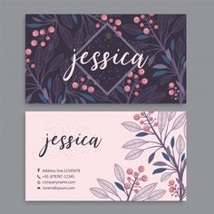 two business cards with flowers and leaves on the front, one is pink and purple