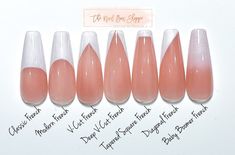 Different Type Of French Tip Nails, French Tip Types, Glitter French Tips Coffin, Tapered Coffin Acrylic Nails, Ballerina Medium Nails, French Tip Nail Shapes, American Tip Nails Acrylic, French Tip Powder Dip Nails