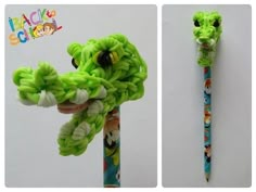 two pictures of the same toothbrush with green hair on it, and one has an animal's head made out of yarn