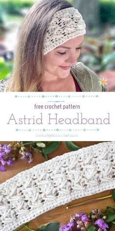 the free crochet headband pattern is shown with purple flowers and greenery