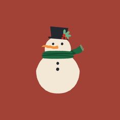 a snowman with a green scarf and hat on it's head is standing in front of a red background