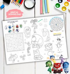 an image of the inside of a cartoon character coloring book with markers and crayons