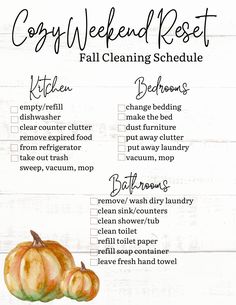 a fall cleaning checklist with pumpkins on it