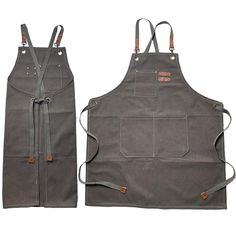 two aprons with straps on each side and one in the middle, both grey