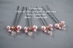 "A set of 4 asymmetrical clustered Swarovski pearls mixed with clear crystals and rhinestone hair pins hand-wired using nontarnish wire.   This set of hair clips will add just the right amount of elegance to your hairdo.   Each hairpin measures approximately 2.5 inches in length. Choice of pearl color - please state under \"personalization\" at check out. Choice of gold, rose gold, or silver wiring. I carry a lot of matching jewelry to match these hairpieces: https://www.etsy.com/ca/shop/Element4you Check under \"JEWELRY SECTION\" on the left-hand side of the page. If you don't find matching pieces, let me know. I welcome custom requests and changes to my existing design. Any questions, please do not hesitate to contact me via Etsy Convo. I respond to all e-mails within 24 hours. Thanks fo Bridesmaid Hairdo, Blue Hair Pins, Hair Pins Wedding, Rhinestone Hair Pin, Pearl Pin, Rhinestone Hair, Wedding Hair Pins, Ivory Pearl, Matching Jewelry