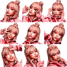 various poses of a woman with blonde hair and pink clothing, including her hands to her face