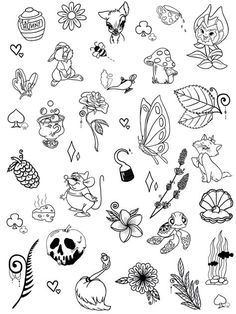 an assortment of cartoon tattoos on a white background