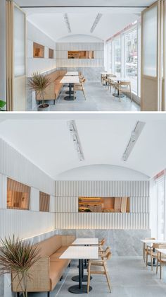 two pictures of the inside of a building with tables and benches in front of them