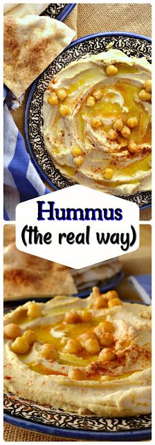 hummus the real way is shown in two different pictures, one with an image of hummus on it