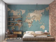 a bedroom with a large map on the wall and a bed in front of it