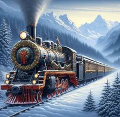 a painting of a train with christmas decorations on it