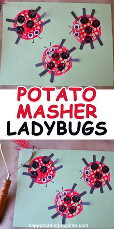 two pictures of ladybugs made out of paper with the words potato masher on them