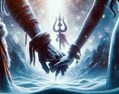 two hands holding each other in the middle of a snowy scene with an evil demon