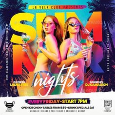 an event flyer with two women in bikinis holding drinks and looking at the camera