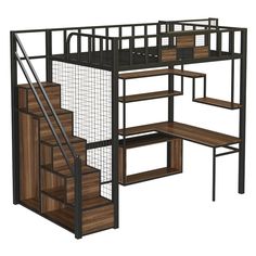 a loft bed with stairs and desk underneath it, next to an open storage unit