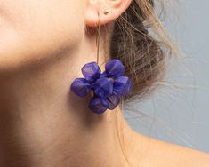 "Long Blue Earrings, Chunky Funky Indigo Textile Shibori Fabric Statement Earrings, Bohemian Jewelry \"Hexagon Indigo earrings\" These funky long dangle fabric earrings have a deep indigo (purple-blue) color and exotic wild shapes. They hang beautifully from the ear and have a gorgeous movement. These avant-garde earrings are made of soft, lightweight organza fabric. I use a special technique to help me form these 'nature-inspired geological-like rock shape structures. The shiny fabric and the f Indigo Earrings, Blue Contemporary Earrings As Gift, Organza Earrings, Avant Garde Earrings, Unique Blue Earrings With Artistic Design, Bold Handmade Blue Earrings, Blue 3d Flowers Earrings, Indigo Accessories, Wild Shape