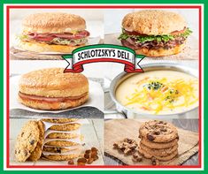 an assortment of sandwiches, cookies and soups are shown in this advertisement for schoolizzy's deli