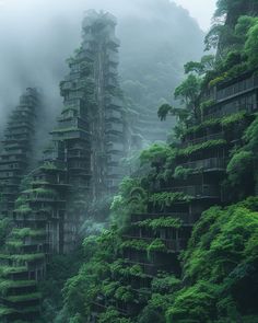 an image of a very tall building surrounded by trees in the foggy day time