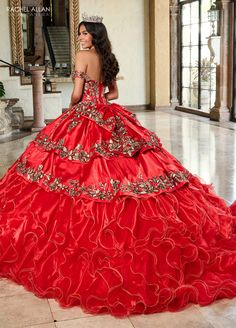 Floral Ruffled Quinceanera Dress by Rachel Allan RQ5007 – ABC Fashion Red And Gold Quinceanera Dresses, Red And Gold Quinceanera, Gold Quinceanera Dresses, Satin Ballgown, Bead Applique, Gold Applique