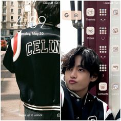 a man standing next to a pole wearing a black and white jacket with the words cellin on it