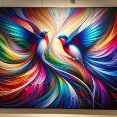 two colorful birds are on display in front of a large wall art piece that is painted with acrylic paint