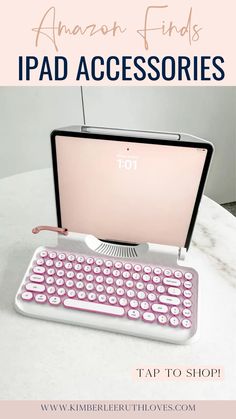 a pink computer keyboard sitting on top of a white table with text overlay that reads, amazing finds ipad accessories tap to shop