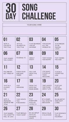 the 30 song challenge is shown in this purple and black poster with numbers on it