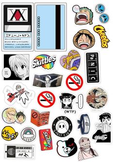 an assortment of stickers and decals on a white background, including anime characters