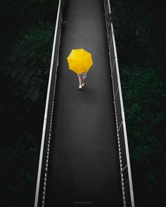 a person with an umbrella walking down a path in the dark, overhead view from above