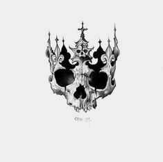 a black and white drawing of a skull with crowns on it's head,