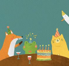 an image of two animals at a birthday party with cake and wine glasses on the table