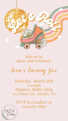 a pink and yellow birthday party with roller skates on the front, text reads let us to skate and celebrate jose's turning five