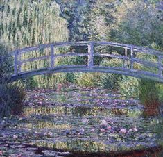 a painting of a bridge over a pond of water lilies