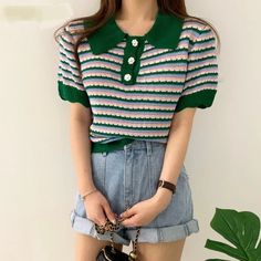 Brand New Came Without Tags Just Tried It On Striped Knitted Sweater, Stripped Tops, Collared Greens, Summer Stripes, Knitted Tops, Cheap T Shirts, Round Neck Tops, Sweaters Knitwear, Women's Summer Fashion