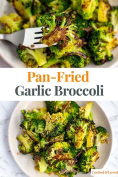 this is a pan fried garlic broccoli on a white plate with a fork