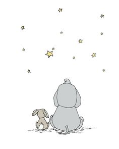 a drawing of a dog sitting next to a puppy on the ground with stars in the sky