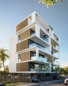 an artist's rendering of a modern apartment building in the middle of palm trees